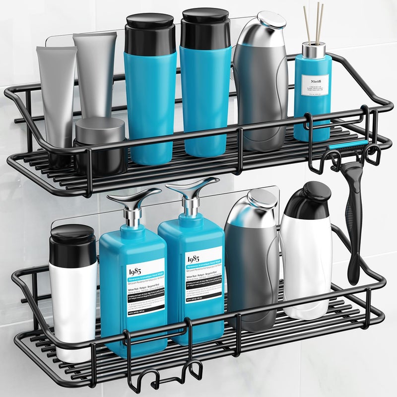 Nieifi Shower Caddy Shelf with Hooks Storage Rack Organizer Adhesive Stainless Steel Without Drilling for Bathroom, Lavatory, Washroom, Restroom, Shower, Toilet, Kitchen - 2 Pack (Black) - Image 3